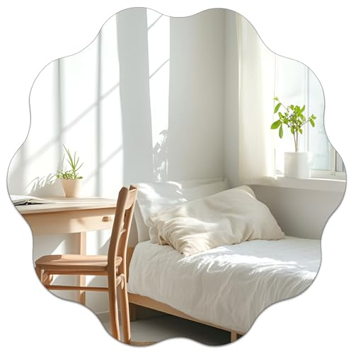TSKDKIT Runder Spiegel 30cm, Kleben Rahmenlos Wandspiegel | mit Gewellter Kante, Selbstklebende Fliesenspiegel Acrylspiegel Rund zum Kleben Dekorative für Bad Wohnzimmer Schlafzimmer