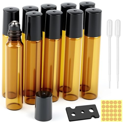 qjuwhua Lot de 10 bouteilles vides de 10 ml - Pour huiles essentielles - Rechargeable - Anti-UV - Avec bille en acier inoxydable - Pour huiles essentielles, cosmétiques, aromathérapie, parfum, massage