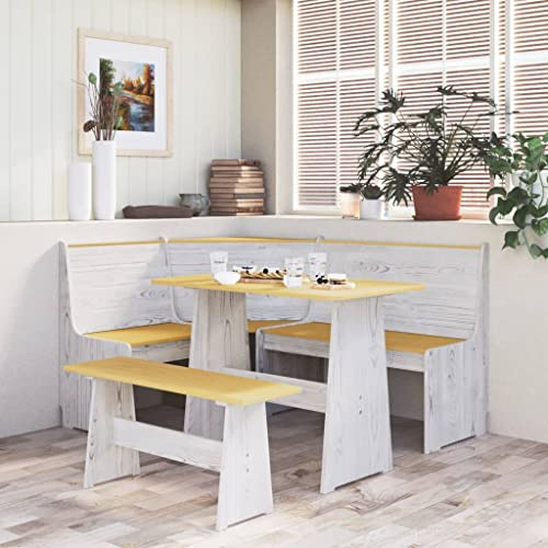 Owoxanthellate Eckbankgruppe Reine Honigbraun Weiß Massivholz Kiefer Essgruppe 3-TLG 151 x 118,5 x 85 cm Links/rechts montierbar kleine Küche Esszimmer Essecke komplett