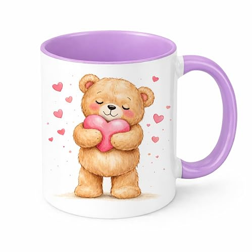 Brew Crew Gifts Love Heart Teddy Bear Mug, White Ceramic Coffee Mug with Watercolour Bear Design, Gift for Love and Friendship (Lilac)