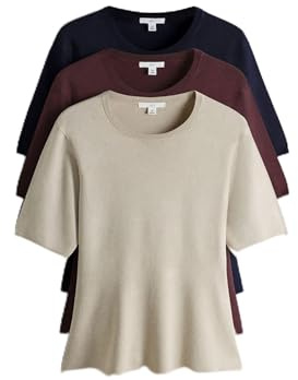THE SET Damen Feinstrick-T-Shirt mit Schößchen, 3er-Pack