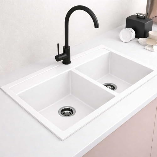 Gresinex - Fregadero De Granito 2 Seno MARTE - Cuarzo y Resina - Bajo/Sobre Encimera - Resistente a Rayas y Golpes – Color Blanco o Negro (Blanco)