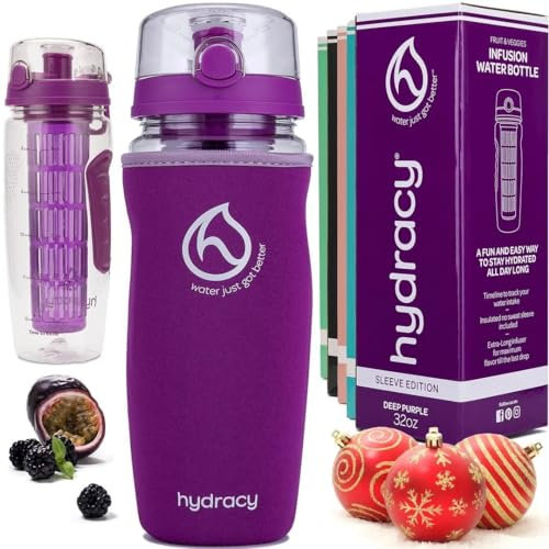 Hydracy Trinkflasche für Fruchtschorlen 1L -Sport Wasserflasche mit Zeitmarkier Langem Infuser und Isolierhülle -Detox Sportflasche +27 Köstlichen Rezepten Aufgegossenes Wasser eBook Geschenk - Lila