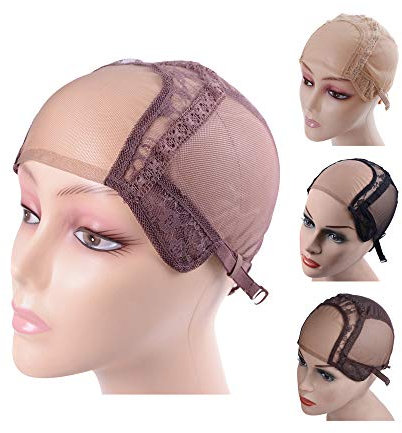 4 X4 U-Teil Schweizer Lace Perückenkappen für die Herstellung von Perücken mit verstellbaren Trägern Mesh Wig Caps (Braun S 52cm)
