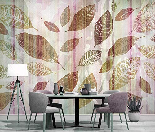 Tapete 3D Wandbild Hand Gezeichnete Pflanzenblätter Retro-Streifen Fototapete 3D Effekt Vliestapete Wohnzimmer Wanddeko