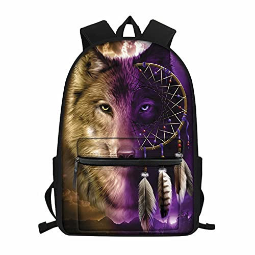 NETILGEN Rucksack für die Schule, Kinder, Jungen, Mädchen, Büchertasche, Teenager, personalisierbar, Rucksack zum Schulanfang, Traumfänger Wolf, One size