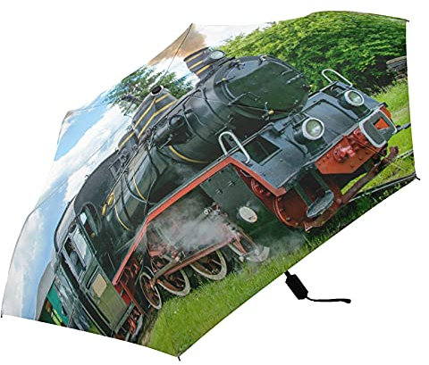 Steam Train with Smoke Green Grass Trees Country View Lightweight Folding Umbrella, Portable Sun Travel Parasol, Compact Anti-UV Strong Rain Umbrella