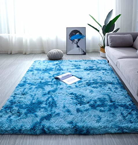 linyingdian Teppich Wohnzimmer Shaggy Teppich Hochflor Teppich Grau Langflor Teppich Kinderzimmer Modern Bunte Batik Teppich Jugendzimmer Flauschiger Teppich (Blau, 120x160cm)