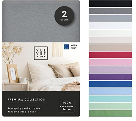 VelvetHome Doppelpack Spannbettlaken 90x200cm 100% gekämmte Baumwolle Made in EU Jersey Bettlaken 90x200 bis 25 cm Matratzenhöhe Spannbetttuch 90x200 Premium Qualität Schönen Farben Dunkelgrau