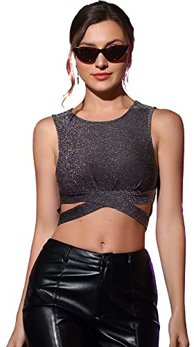 Allegra K Damen Crop Top Ärmellos Cut Out Kreuzgurte Oberteil Glitzer Party Bauchfrei Top Dunkelgrau M