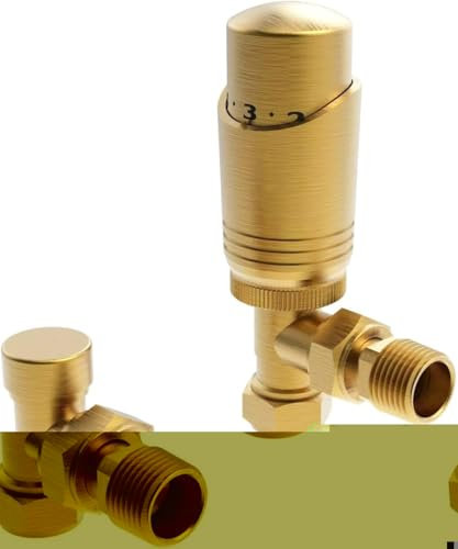 Team Controls Brushed Brass Angled Thermostatic Radiator Valves & Lockshield 15mm Pack Set KT, 15mm x 1/2''