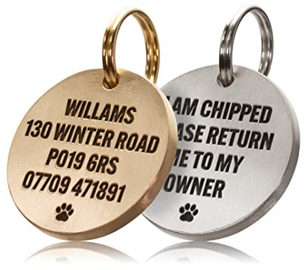 UKR Designs Deep Engraved in Thick Solid Brass or Stainless Steel Dog Tag/Pet ID Tag