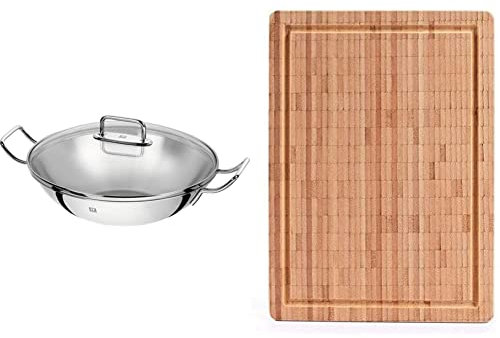 ZWILLING 40992-332-0 Wok, Incl. Glass Lid and Removable Grid Insert, Suitable for Induction, Ø 32 cm, Stainless Steel, Plus, Silver & Cutting Board, Bamboo, Large