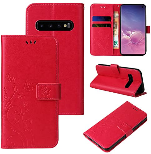 LBH Handy Hülle für Samsung Galaxy S10 Case Handytasche Schmetterling Blumen Flower Standfunktion Schutzhülle Magnet Rundum Schutz 360 Grad Flipcase Cover Rot