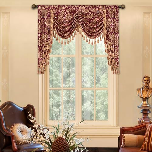 TOPLUXE Swag Volant Vorhang für Schlafzimmer Esszimmer Wohnzimmer Küche, Damast Kurzstore Waterfall Volant-Vorhang für Fenster 1 Stück (150cm, Rot)