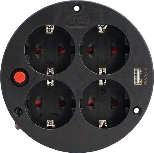as - Schwabe 4-fach-Steckdoseneinsatz für Kabeltrommeln 230V/16A, mit USB-Ausgang 5V/2,1A, abgesichert durch Thermoschutzschalter, erhöhter Berührungsschutz, IP20, Schwarz, 11541