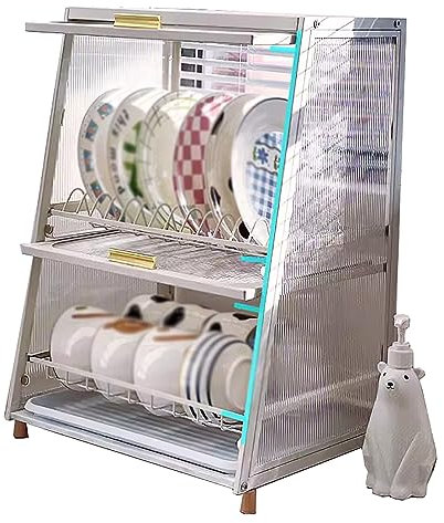 LONONE Estante de Secado de Platos de 2 Niveles con escurridor, estantes de Platos Cubiertos Blancos para mostrador de Cocina, estantes de Platos Cerrados con Bandeja de Agua