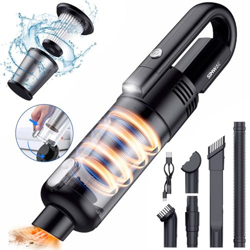 SIMWAL Auto Handstaubsauger Akku Kabellos - 9500PA stark tragbar Mini Staubsauger - 30Min Laufzeit USB aufladbar Autostaubsauger mit Waschbar HEPA Filter LED Beleuchtung für Haus, Küche, Büro