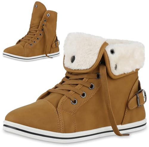 VAN HILL Damen Sneaker High Flach Schnallen Bequem Schuhe 214101 Hellbraun 41