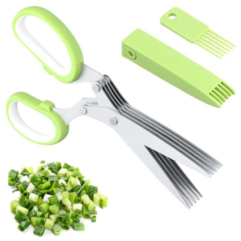 Wisebom Herb Scissors 5 Blades Stainless Steel Herb Kitchen Scissors Multipurpose Herb Shears with Safety Cover and Cleaning Comb Chopper Scissors for Chopping Basil, Chives, Oregano, Rosemary