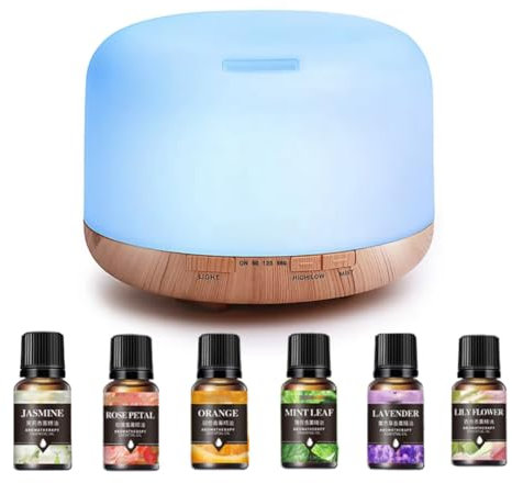 500ML Diffuser with 6 Essential Oils Set Ultrasonic Aromatherapy Air Humidifier Essential Oil Diffuser with Remote, Adjustable Mist Mode, Automatic Shut Off & 7 LED Lights for Home Office Spa AZULON