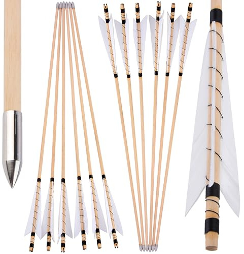 limaity 32 Archery Wooden Arrows Traditional Hunting Arrows with 5 Natural Feather Wooden Arrows for Recurve Bow Longbow (12PCS,3 White
