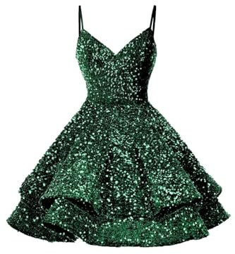 XDMSZ66 Vestidos escalonados para fiesta de graduación y fiesta de cóctel, con lentejuelas brillantes, para adolescentes, cuello en V, color blanco, talla 8 de EE. UU, Verde esmeralda., Talla única