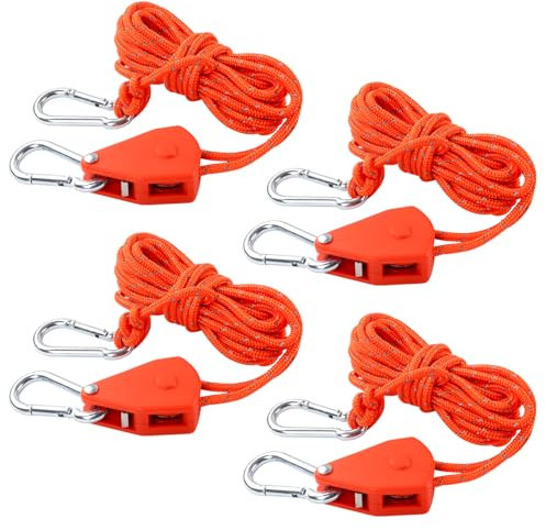 wadafen 4 Pcs Reflective Tent Guy Ropes,4m Tent Guy Ropes with pulley,Ratchet Hangers,Reflective Cord Tent Guide Rope,for Hanging Tents,Plant Lights,Plant Fans,Light Indoor Plants (Orange)