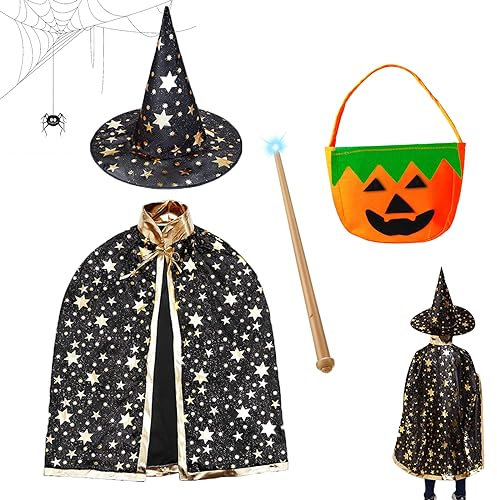 IWTBNOA Cape du Magicien d'halloween, Cape de Sorcier pour Enfants avec Chapeau, Magicien avec Chapeau Cape et Sac de Bonbons Citrouille, Cape de Magicien Sorciere, Deguisement Halloween Enfant