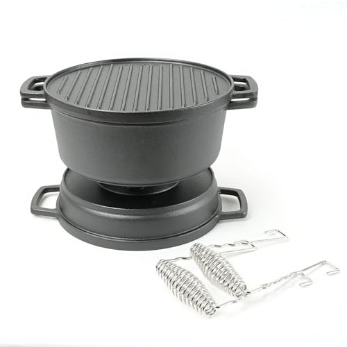 HAWOK 5-teiliges Herd-Set, vorgebrannter Gusseisen-Holzkohlegrillofen mit 4QT Dutch Oven, mit Mehrzweckdeckel, fünfbeinigem Buffet-Tablett, Mehrzweck-Grillherd-Set