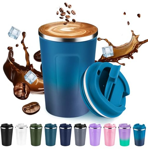 Volhoply 340ml 12oz Double Wall Insulated Vacuum Travel Coffee Mug with Flip Lid,Reusable Stainless Steel Leak Proof Coffee Cup,Cafe Thermal Tumbler Suitable for Hot&Cold Drinks(Dark Night,1 Set)