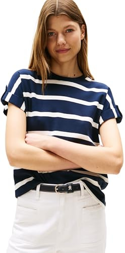 Tommy Hilfiger Damen T-Shirt Kurzarm Gold Button mit Rundhalsausschnitt, Mehrfarbig (Dark Night Navy/Ivory Silk STP), L
