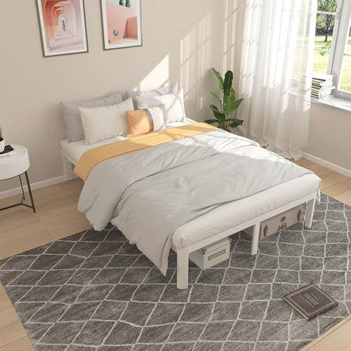 KVLKBV Cadre de Lit Double 140 x 190 cm, Blanc avec Patins Antidérapants et Espace de Rangement (35,5 cm), Idéal pour Chambres à Coucher et Chambres d'Invités.