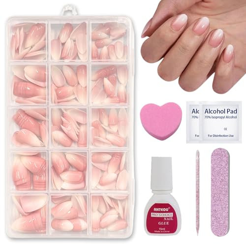 OKAQEE 240 Stück Mandel Nail Tips Full Cover Nageltips - Almond Press on Nails, Medium Kunstnägel Kit - Gradient Künstliche Fingernägel für Nail Extensions mit Box (Nude Almond Gradient)