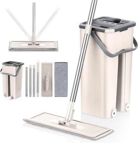Mopa para Limpiar Azulejos y Paredes, mopa fregona con Cubo escurridor, fregona autoescurrible, mopas de Limpieza de Suelos, Cepillo esfregona, 6 Almohadillas de Microfibra, Limpiador y. (Beige)