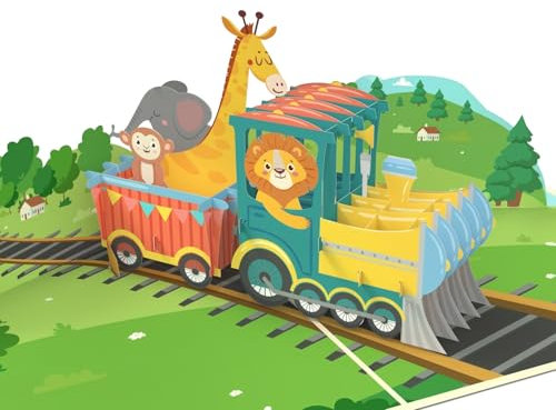 MOKIO® Pop-Up Karte – Dampflok mit Tieren – 3D Grußkarte zum Geburtstag oder für einen Zoobesuch, Geburtstagskarte für Mädchen und Jungen