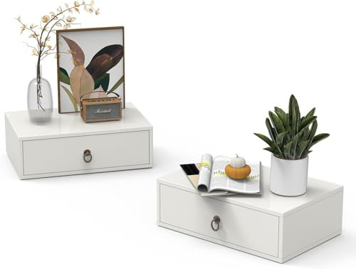 Bonnlo 2er Set Nachttisch hängend, Wandregal mit Schublade, Hängeschrank, Nachttisch Wandmontage, 46 x 30 x 14.5 cm, Weiß