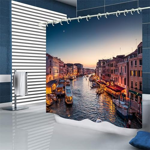 Duschvorhang 180 x 210 cm, Duschvorhang Venedig Wasserdicht Shower Curtains Landschaft Badezimmer Gardinen, Waschbar Polyester Shower Curtains, mit 12 Duschvorhangringen, für Deko Bad Vorhang Y-8546