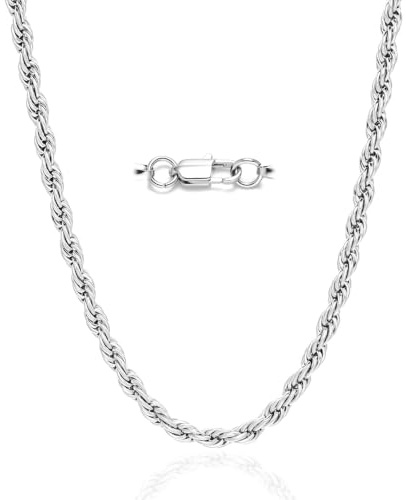 Joykee Silver Rope Chain Men Necklace, Waterproof Stainless Steel 3/4/5mm | Hypoallergenic stainless steel; waterproof for daily wear; 16–24in lengths; sturdy lobster clasp; solo or pendant