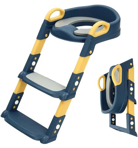 Toilettensitz Kinder mit Treppe, 2 in 1 Toilettenaufsatz Kinder mit PU-Sitzkissen, Verstellbar Toilettenleiter für Kinder, WC Sitz mit Treppe für Jung und Mädchen von 2-7 Jahre Alt