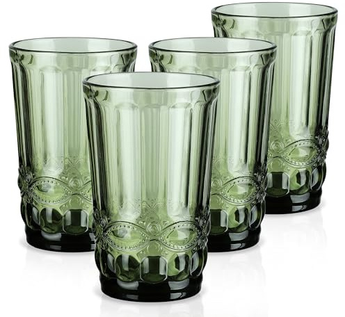 Joeyan 330ml Verde Vasos de Cristal agua Vintage con Relieve,Juego de 4 | Vasos de Vidrio Grandes,Decoración Colores Cristalería Regalo para Banquetes de Navidad, Bodas, Casas Nuevas y Fiestas