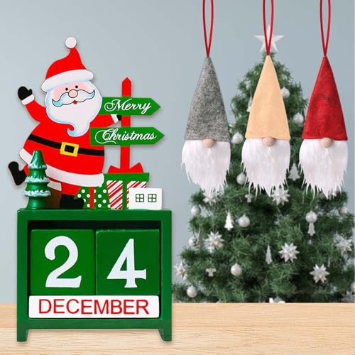 Weihnachtskalender aus Holz mit 3 Pcs MIni Weihnachtsmann Anhängern | DIY Countdown-Kalender, Holz Tischkalender zum Aufstellen & Dekorieren, Weihnachtsdekoration für Zuhause