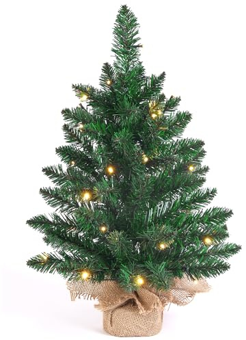 Klass Home 2FT Pre Lit Small Christmas Tree with Lights – 60cm Tabletop Artificial Mini Xmas Tree, 35 LEDs, Hessian Ceramic Base, Battery Operated, Perfect For Home & Office Christmas Decorations