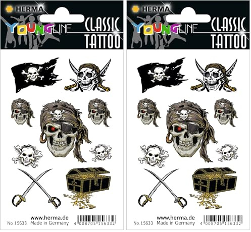 HERMA 15633 Temporäre Tattoos Totenkopf, 9 Stück, Klebetattoos zum Aufkleben, Fake Tattoos Aufkleber mit Piraten Piratenflagge Motiv, Kindertattoos Sticker für Fasching Karneval Kinder Erwachsene