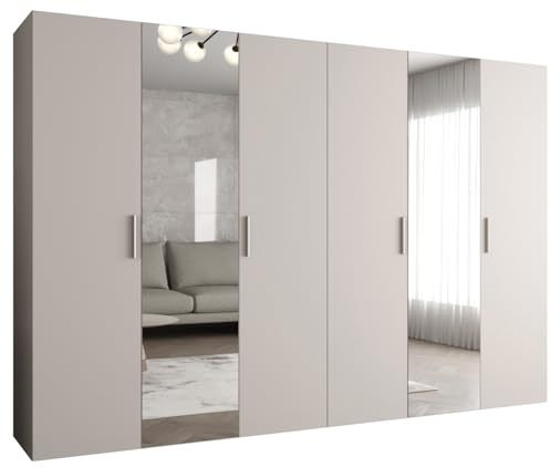 MEBLE KRYSPOL - Kleiderschrank - Garderobenschrank - 300 cm x 202 x 52 cm - Schrank mit Kleiderstange und Spiegel, 6 Türen - für Schlafzimmer, Flur - BARI, Kaschmir, Griff Silber