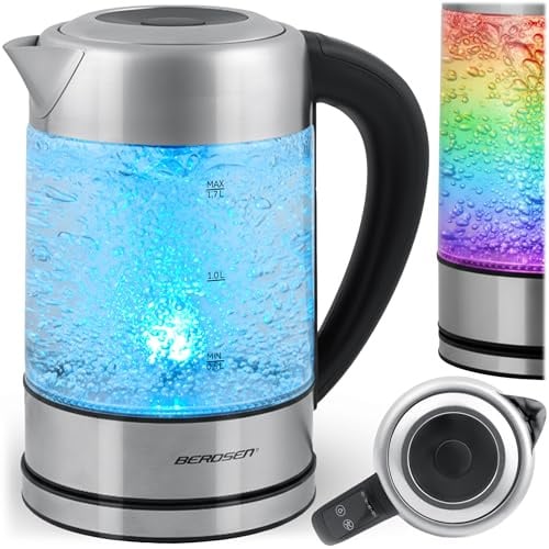 Berdsen Elektrischer Wasserkocher mit Temperaturregelung 60-100°C - Glas LED - Touch-Display - 2200 W - 1,7 l - Edelstahl - Silber-Schwarz