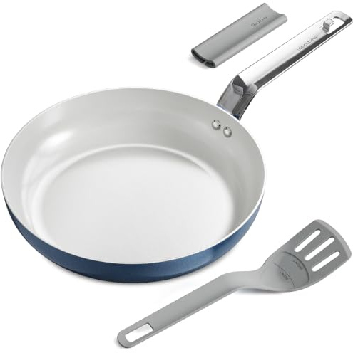 stackbear Ceramic Non-Stick Frying Pan 28cm, Stackable Design | PFAS-free Titanium Ceramic Pan with Stackable Design, Measuring Spatula, Silicone Grip, Induction & Oven Safe to 250°C
