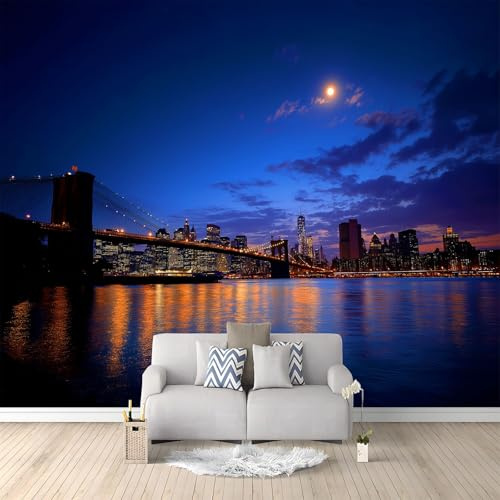 Fotografie Fototapete New York Nachtansicht Brooklyn-Bridge 200 x 140 cm Vliestapete, Fototapete Wandtapete Bildtapete Wanddeko, für Schlafzimmer Wohnzimmer TV Sofa Hintergrund Motivtapeten
