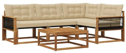 vidaXL Outdoor-Sofagarnitur mit Kissen 5 pcs Natur und Beige, Moderne Garten-Sofa-Garnitur, langlebige Möbel, schicker Akazienholz-Sitz, Bequeme Terrassen-Lounge