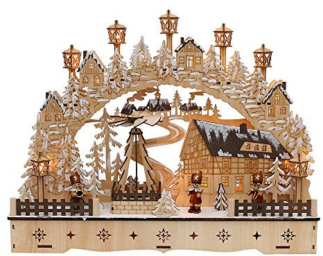 Dekohelden24 LED Holz Schwibbogen mit bewegter Weihnachtspyramide, Motiv: Bergmänner, L/B/H ca. 45 x 12 x 35 cm, für Batterie- oder Adapterbetrieb.